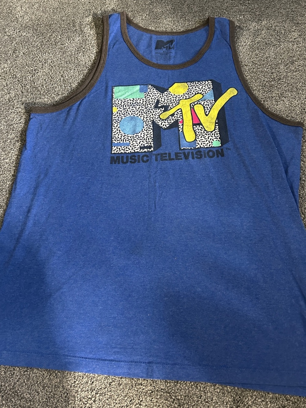 MTV Blue Tank Top with Yellow Logo and Brown Trim